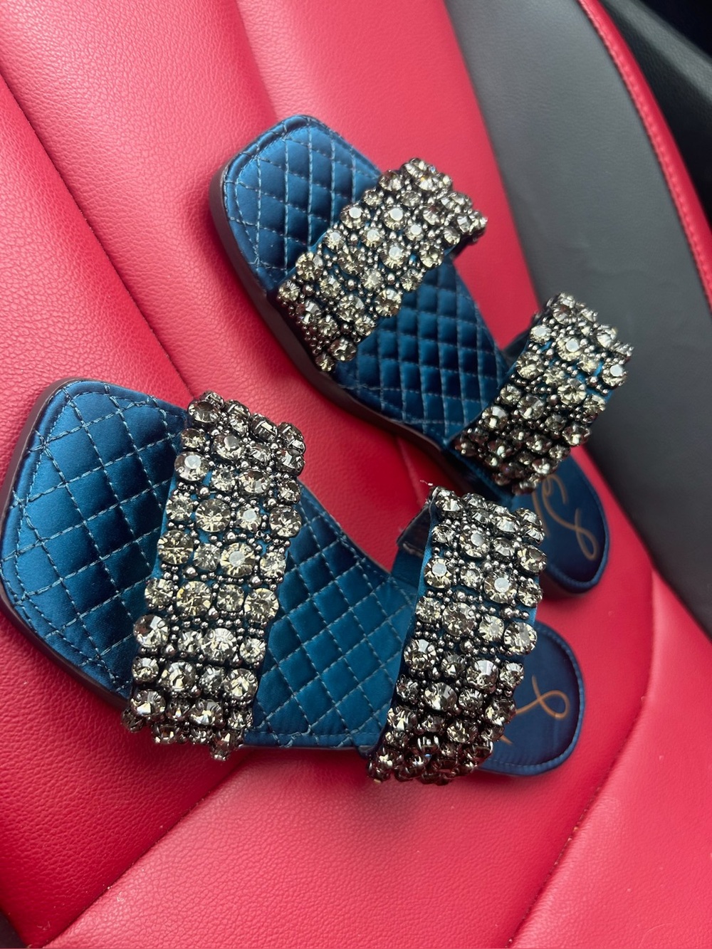 Sam Edelman Embellished Slide Sandals Teal Rhinestone Size 5, 5.5, 6, 7 NEW